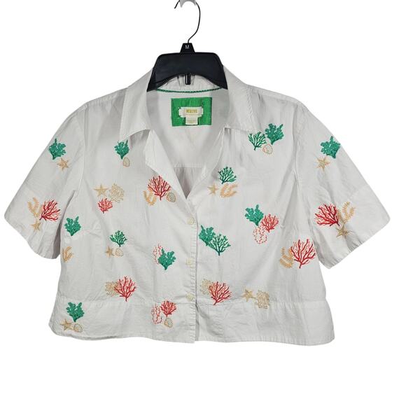 Maeve by Anthropologie Short Sleeve Embroidered Cropped Surf Shirt Size M - Picture 3 of 13